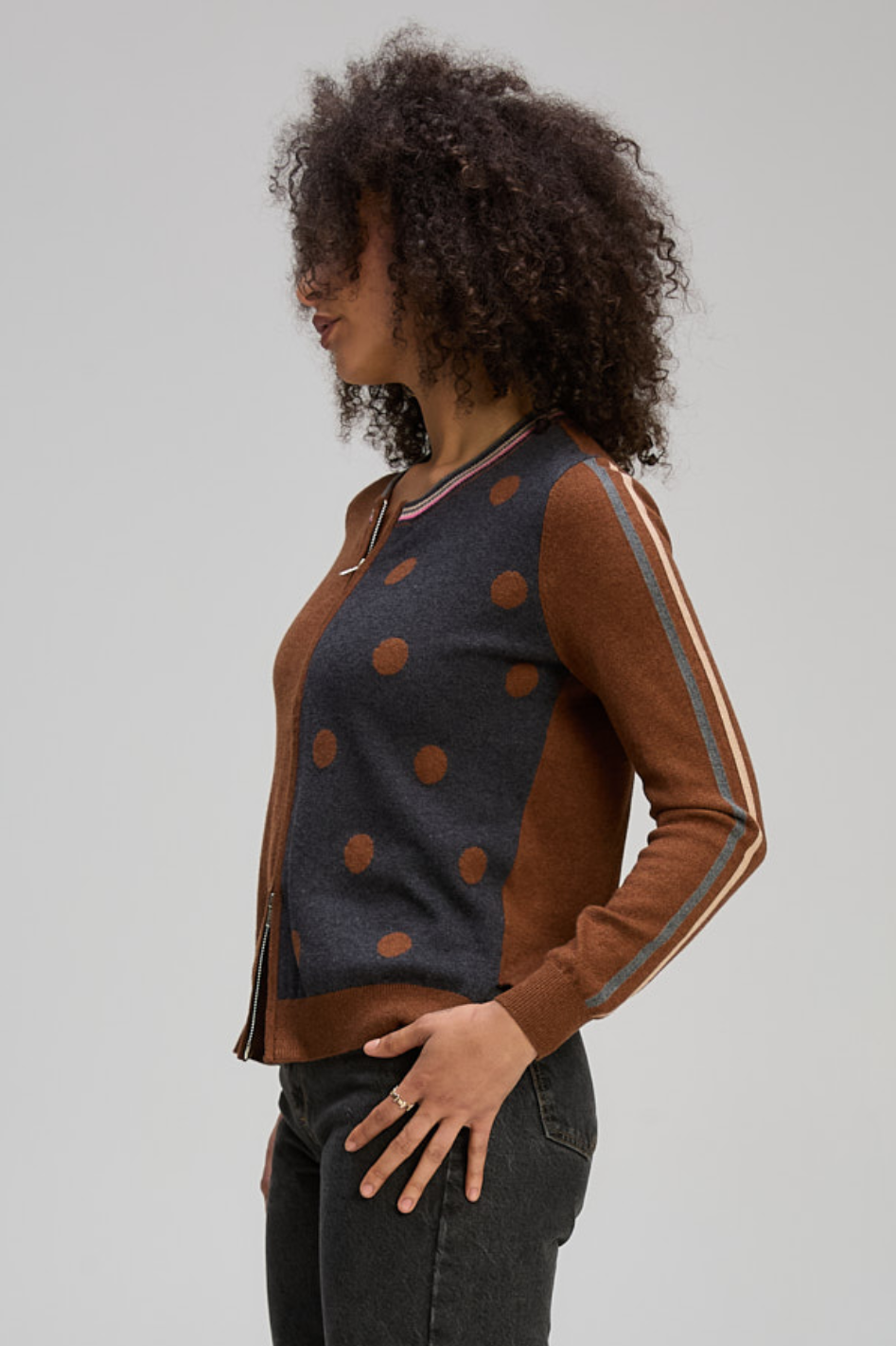 Zaket and Plover Stripe Spot Zip Up in Coffee