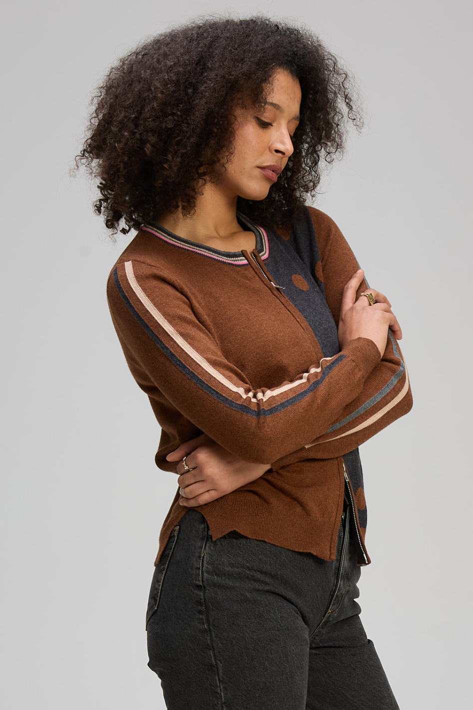 Zaket and Plover Stripe Spot Zip Up in Coffee