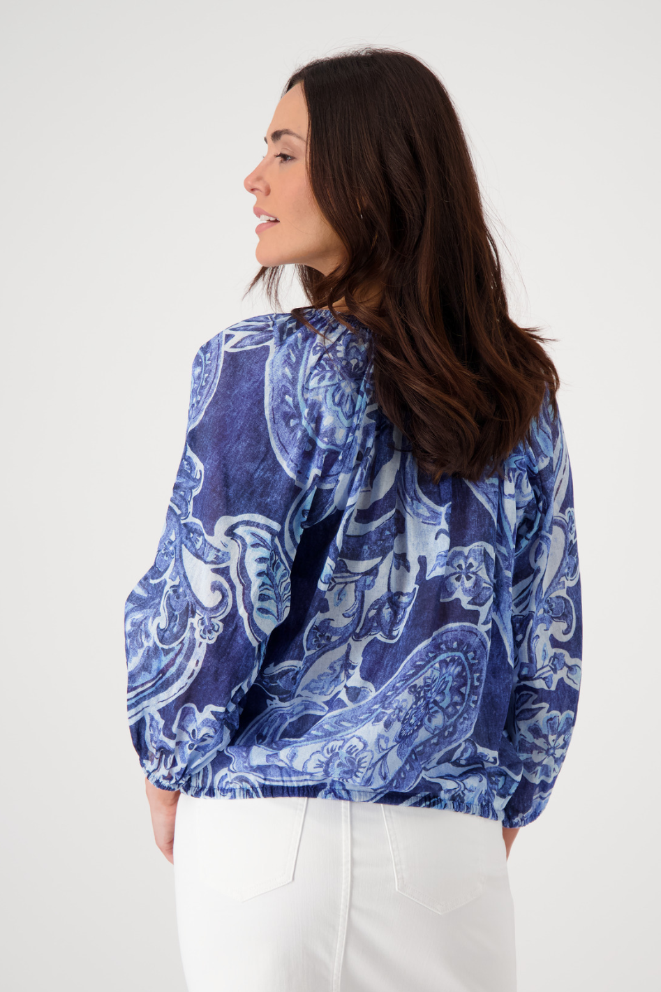 Monari V Neck Blouse in Paisley Allover Navy Blue 