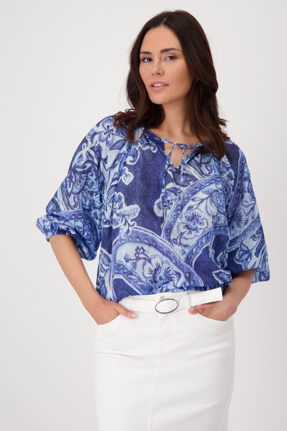Monari V Neck Blouse in Paisley Allover Navy Blue 