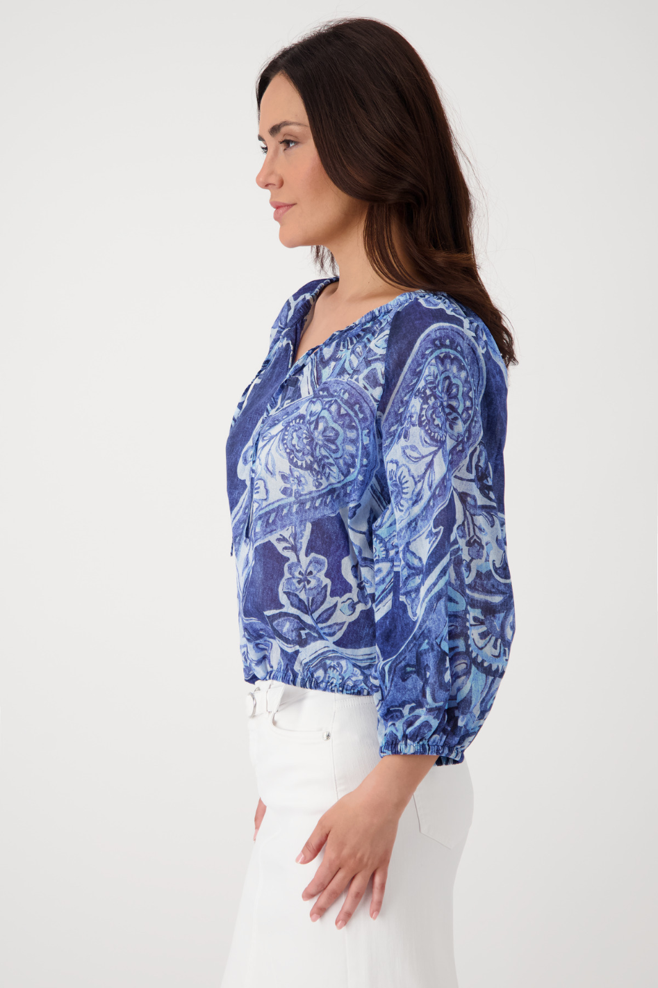 Monari V Neck Blouse in Paisley Allover Navy Blue 