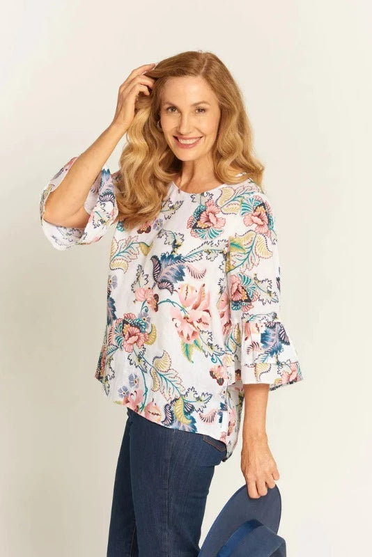 Goondiwindi Cotton Patricia Blouse in Folk Floral Linen