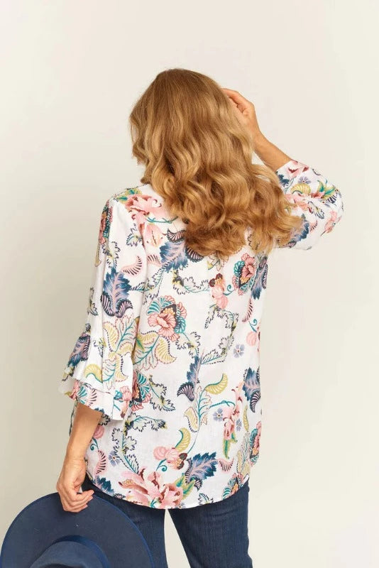 Goondiwindi Cotton Patricia Blouse in Folk Floral Linen