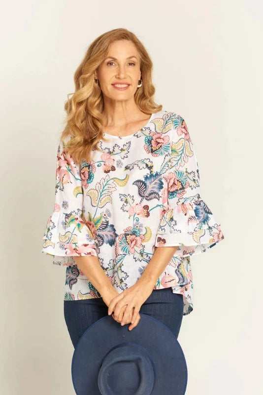 Goondiwindi Cotton Patricia Blouse in Folk Floral Linen
