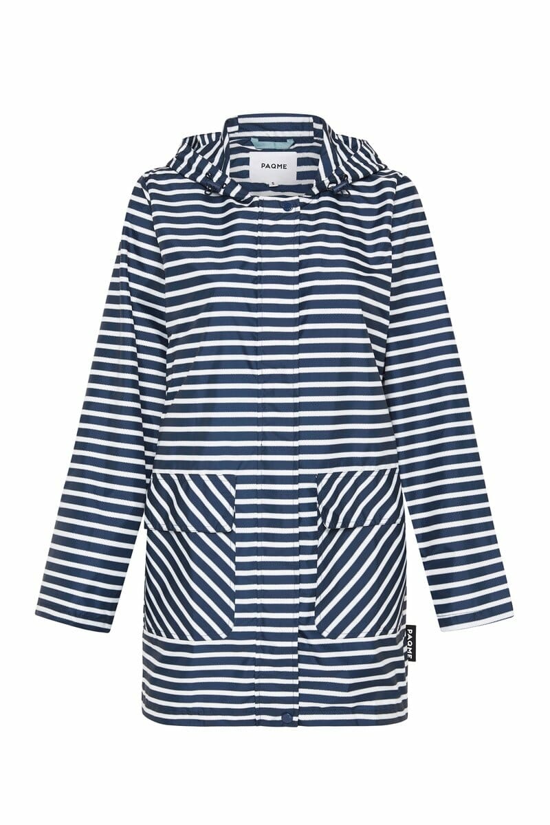 Paqme Womens 3 4 Recycled Raincoat in Navy Stripe VIPs save 10