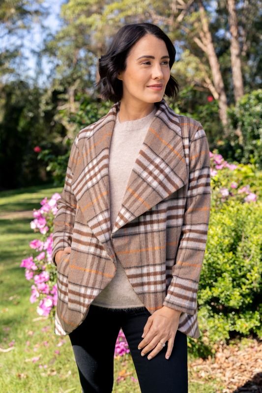 See Saw Brushed Wool Check Open Jacket in Chocolate Combo