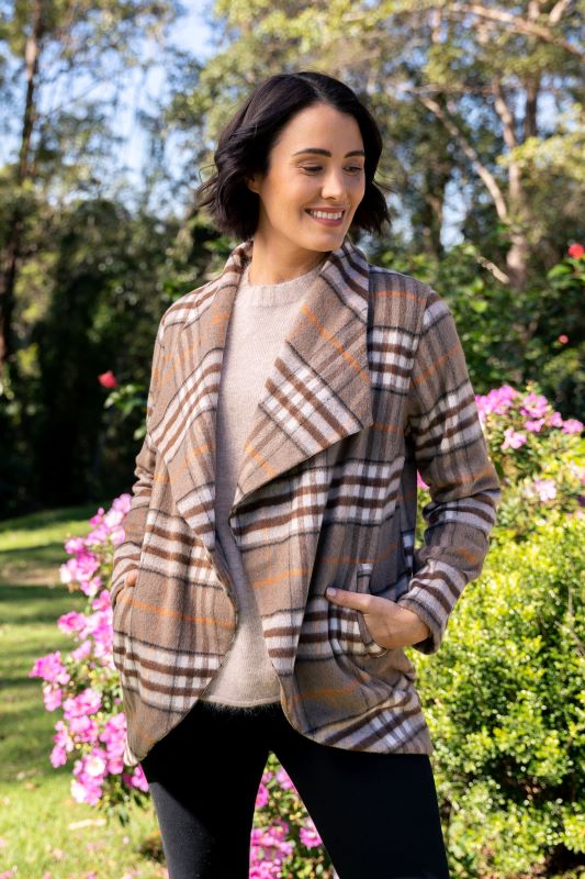 See Saw Brushed Wool Check Open Jacket in Chocolate Combo